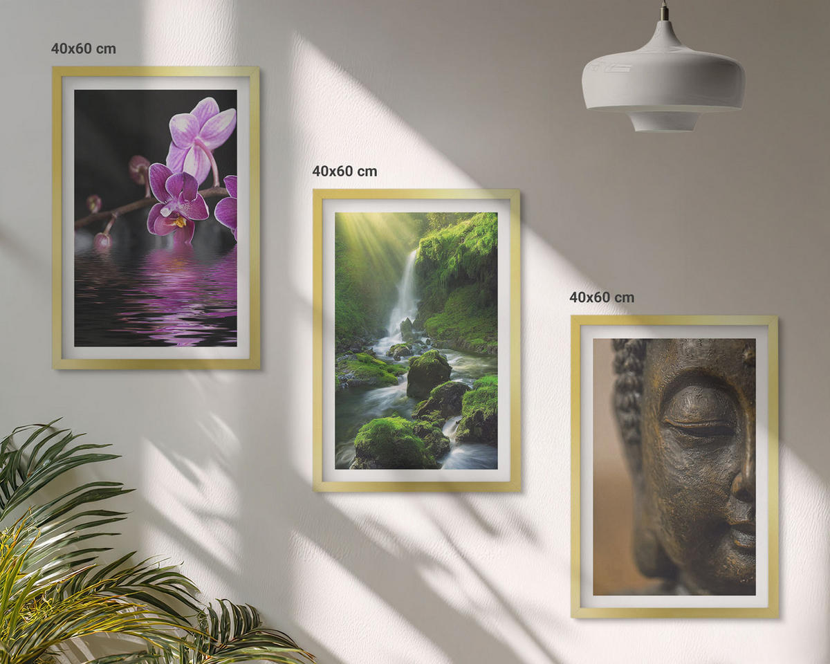 WANDBILDER 3er Set - 40x60 cm Goldrahmen - Blumen, Wasserfall, Buddha-Felsen, Zen - Goldfarben, Kunststoff (40/60cm) - ArtPrintCave