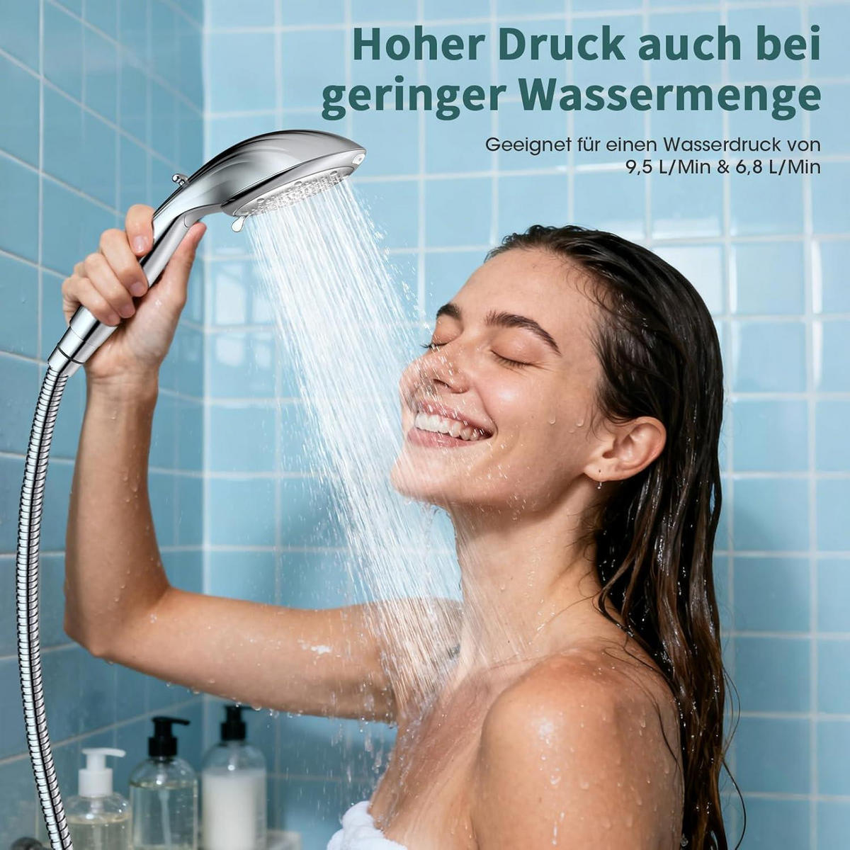 DUSCHKOPF mit Filter 8 Strahlarten Hochdruck Silber 2M Schlauch - Silberfarben, Metall (13/12.7/29.5cm)