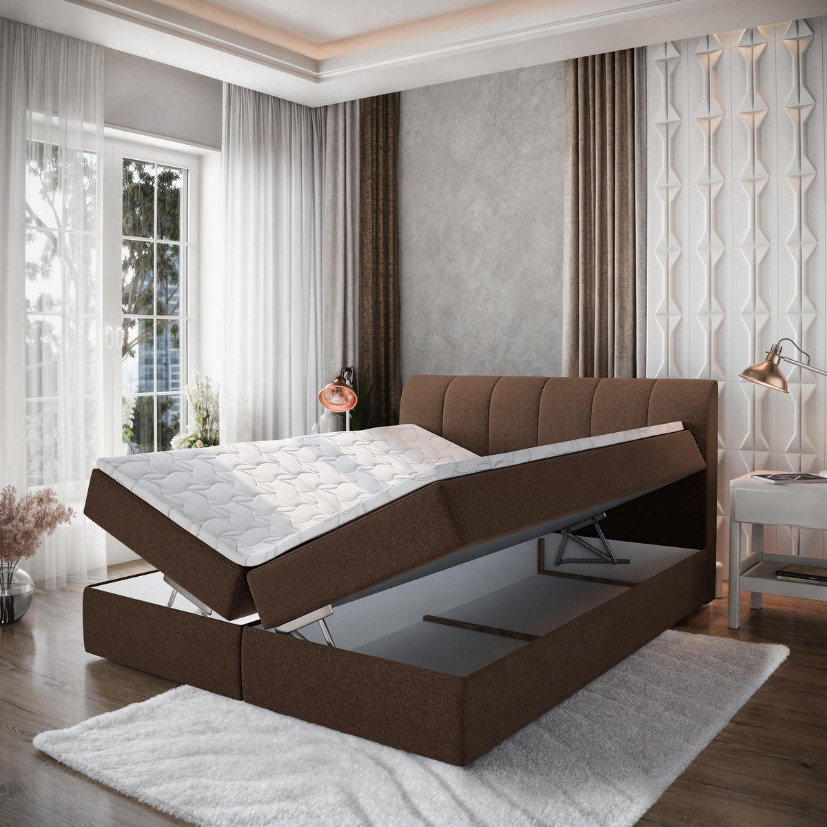 BOXBETT CEVANO 160x200 cm mit Matratze und Topper - Beige - Beige, Holz (160/200cm) - MASSENO