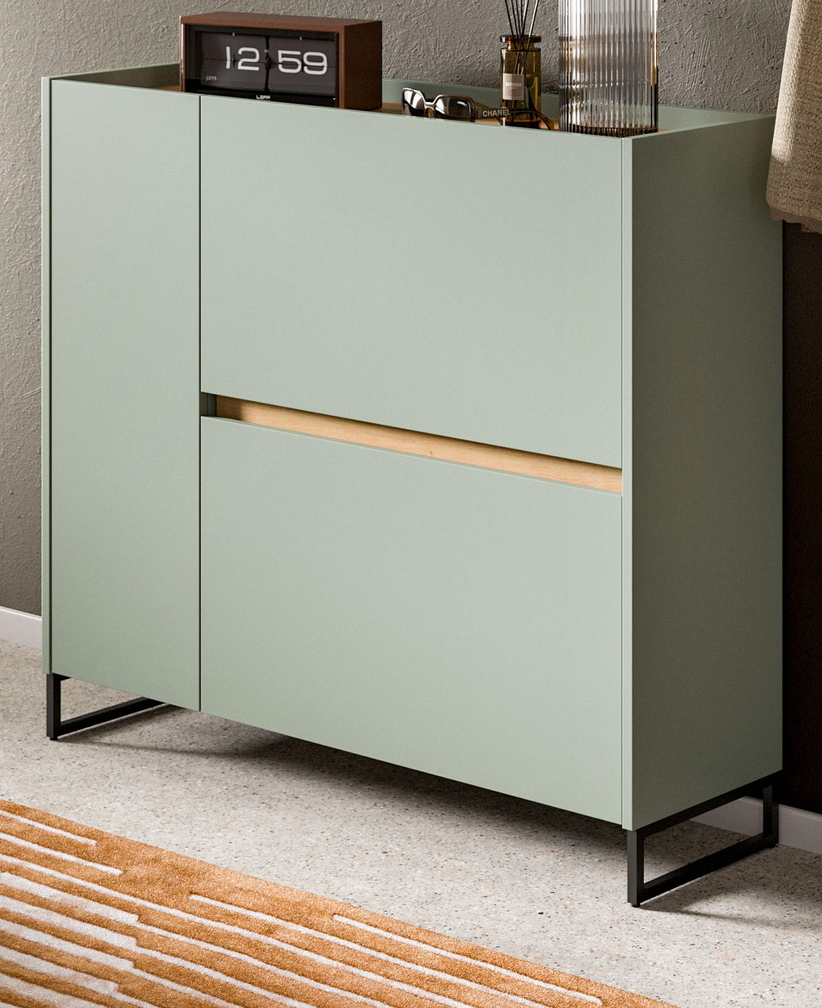 SCHUHKIPPER Salbei grün, Artisan Eiche 110 x 94 cm, Schuhschrank mit Soft-Close - Salbeigrün/Schwarz, Holzwerkstoff/Metall (110/94/32cm) - Inn.Furn