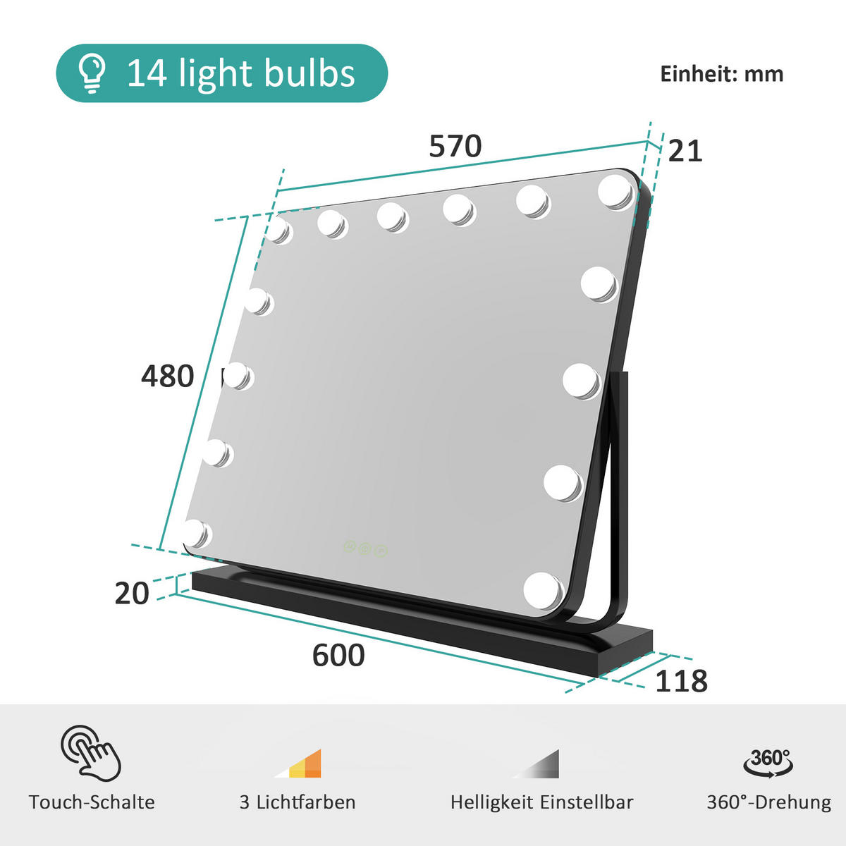 KOSMETIKSPIEGEL mit Beleuchtung, Schwarz, 60/52 cm - Schwarz, Glas (52/11.8/60cm) - EMKE