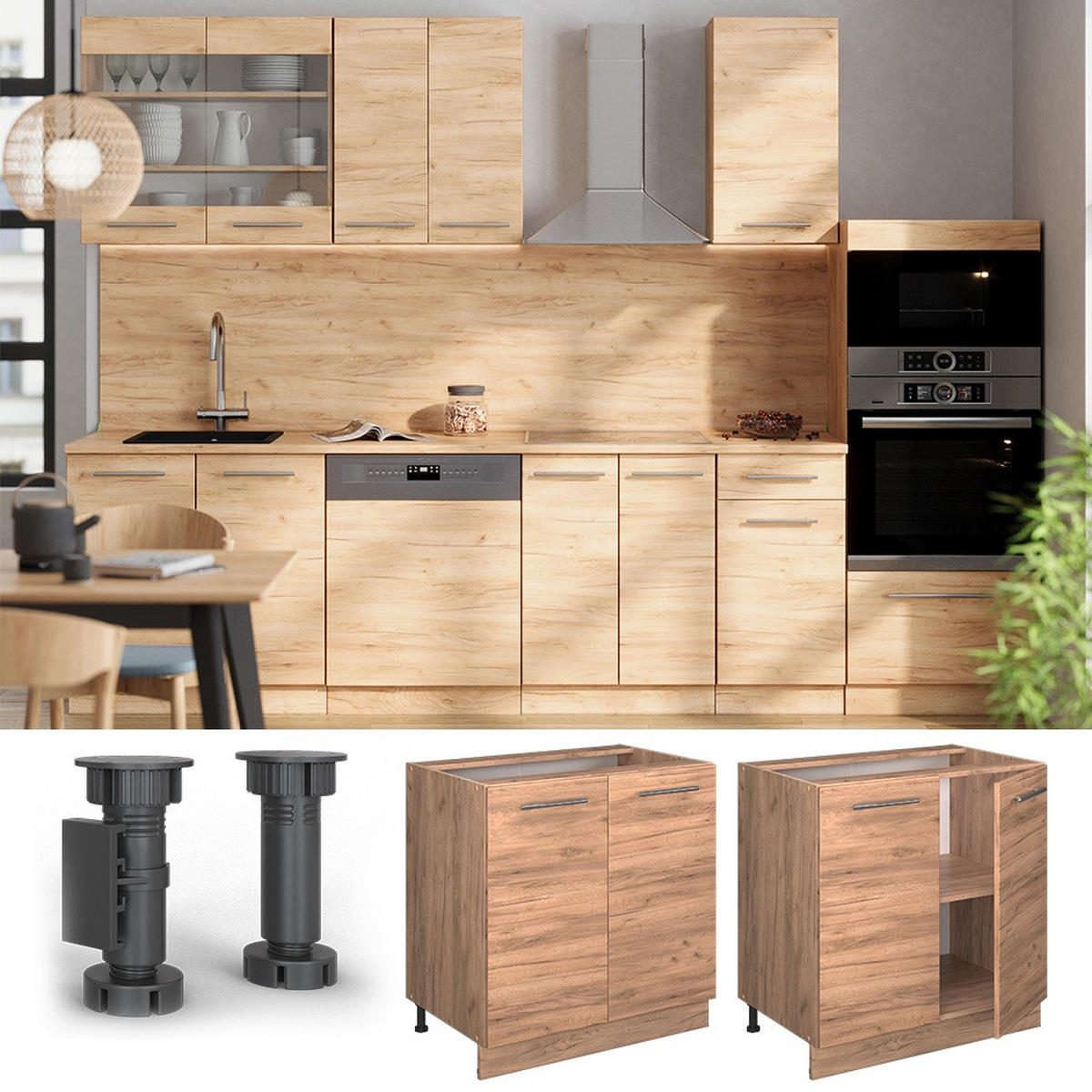 KÜCHENUNTERSCHRANK Fame-Line Goldkraft Eiche 80 cm mit Regal, AP Marmor - Honigeiche, Holzwerkstoff (80/82/60cm) - Vicco