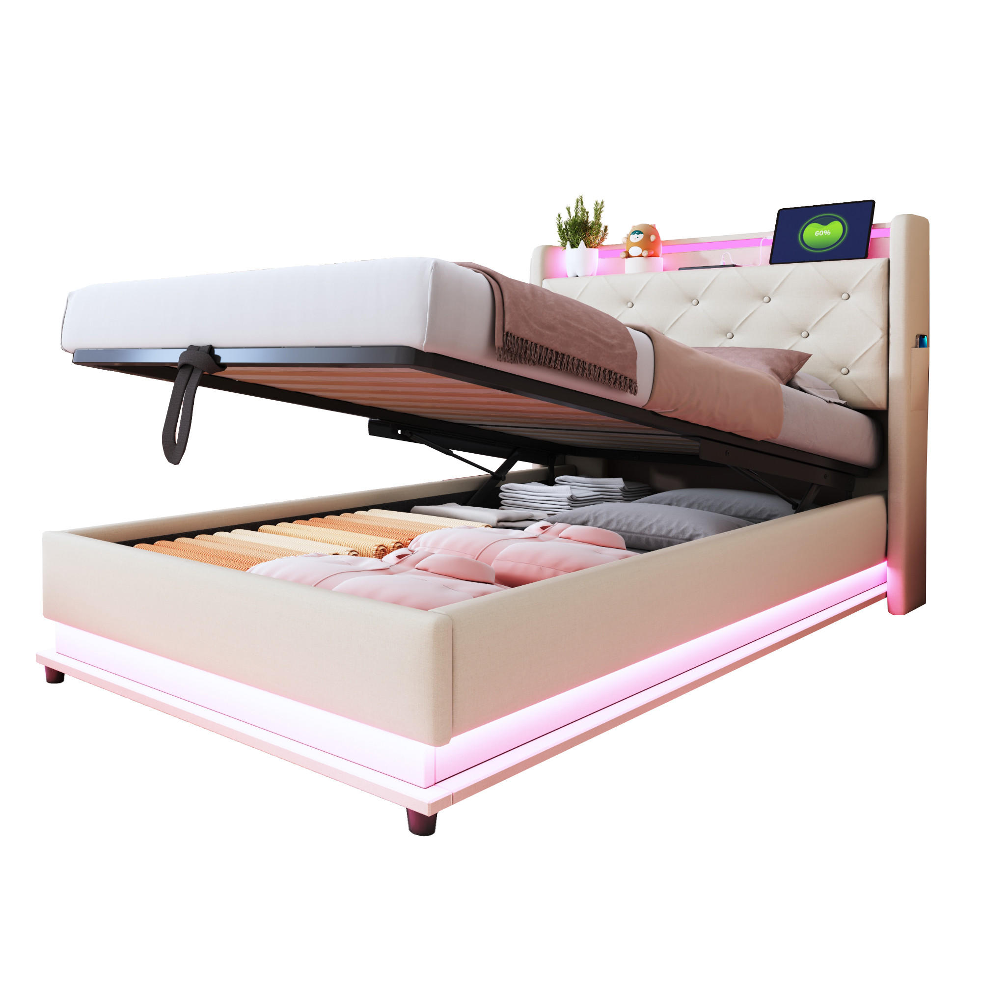 PAT TAPITAT 90x200cm Bej cu LED, USB si depozitare