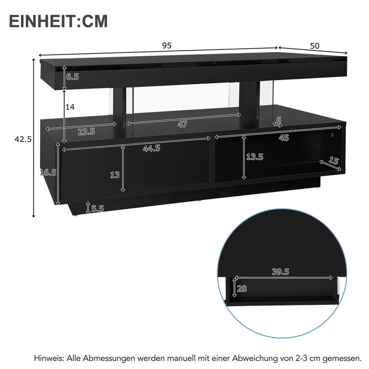 COUCHTISCH 95x50cm Schwarz Hochglanz 4 Glasplatten 2 Schubladen 2 Fächer - Schwarz, Holz (103.99/59/17.5cm) - FLIEKS