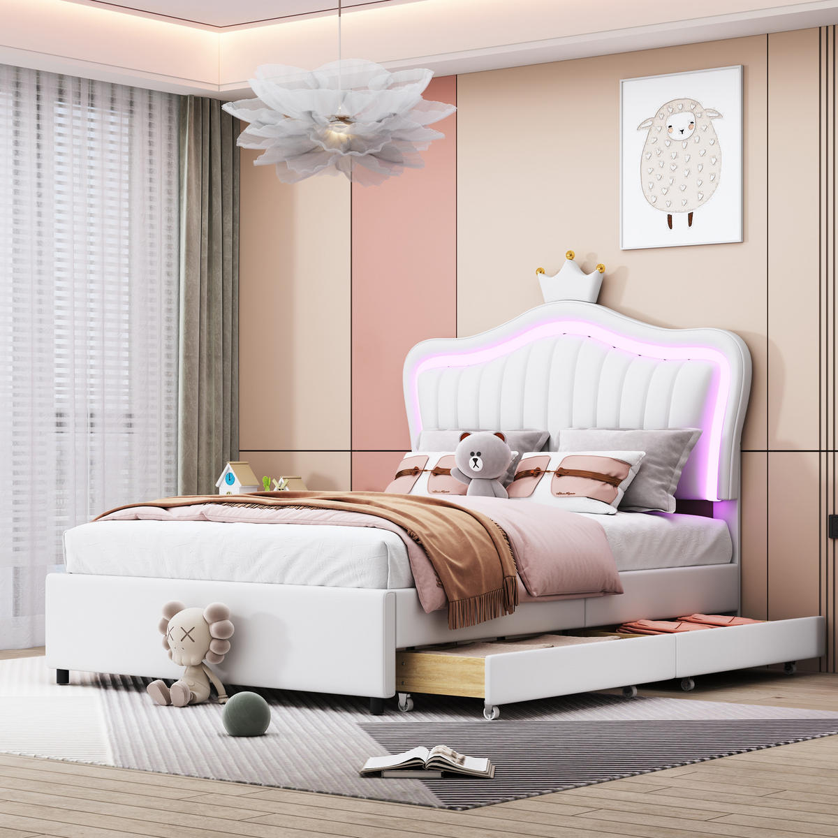 POLSTERBETT 90/200 cm Weiß mit Stauraum und LED-Beleuchtung - Weiß, Kunststoff (90/200cm) - OKWISH