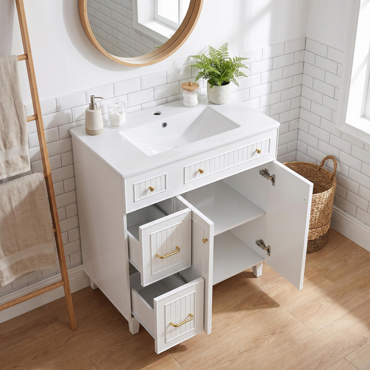 WASCHTISCH 81,7 cm mit Keramikbecken MDF und Massivholz Füße - Weiß, Holzwerkstoff (81.7/90/46.8cm) - Urban Meuble