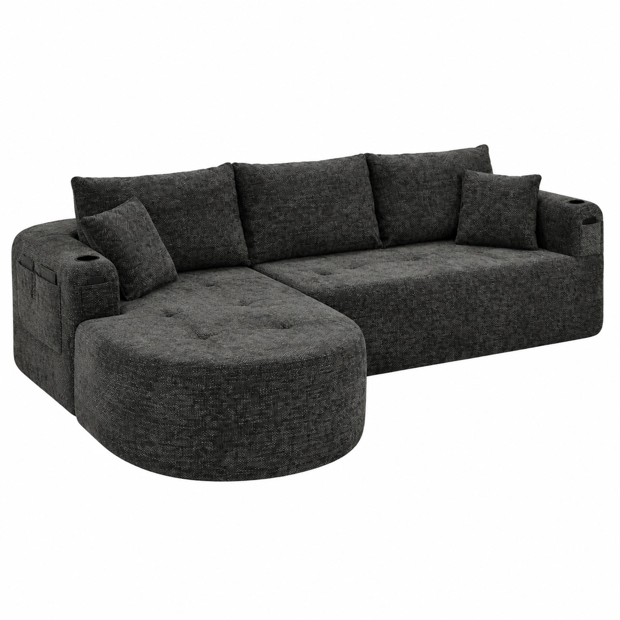 ECKSOFA L-Form Schwarz mit Becherhalter und Seitentaschen - Schwarz, Textil (170/255cm) - Meubliv