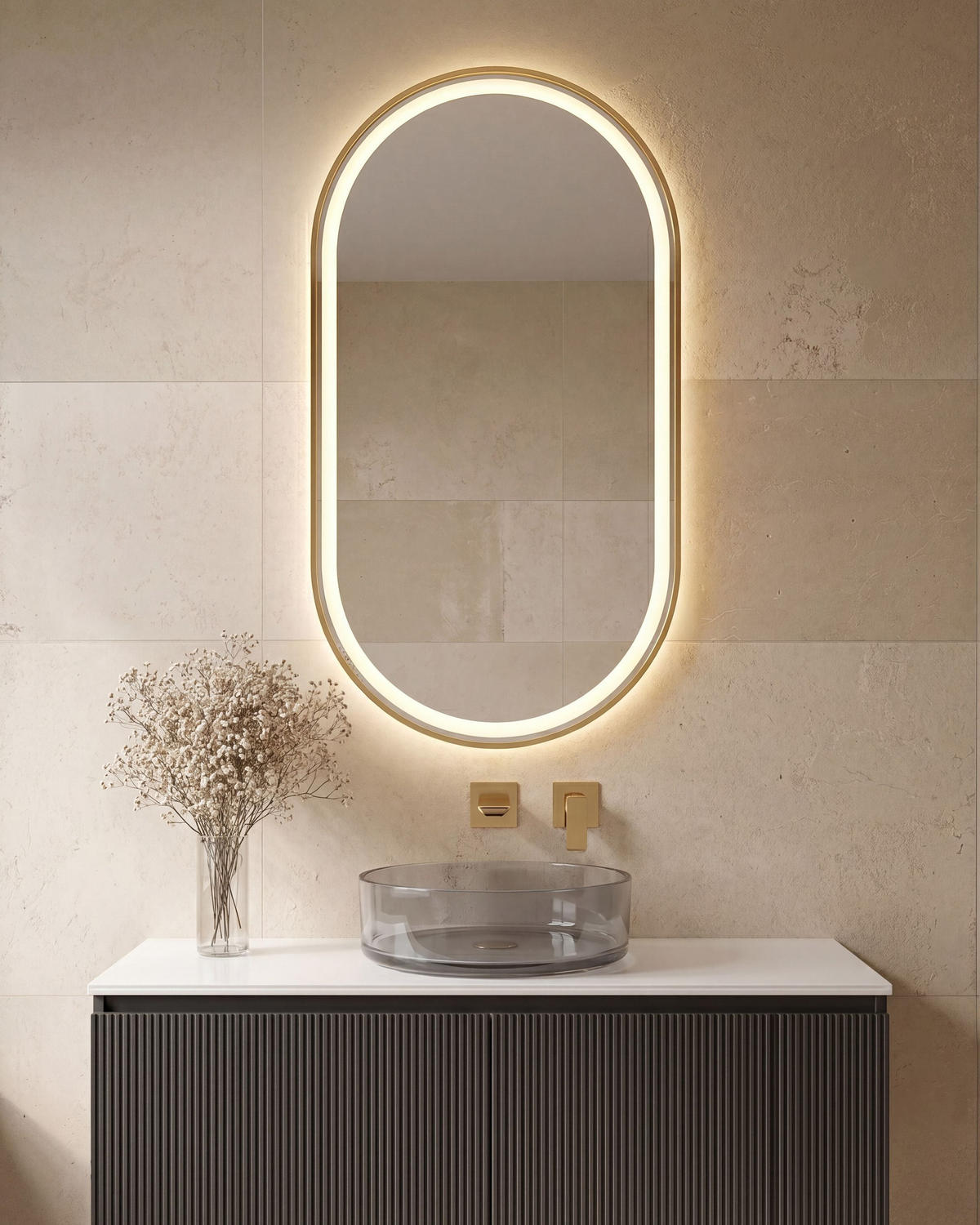 OGLINDĂ DE BAIE CU LED 60/120 cm argintie Chiddes - argintiu/auriu, sticlă (60/120/3cm) - Beliani
