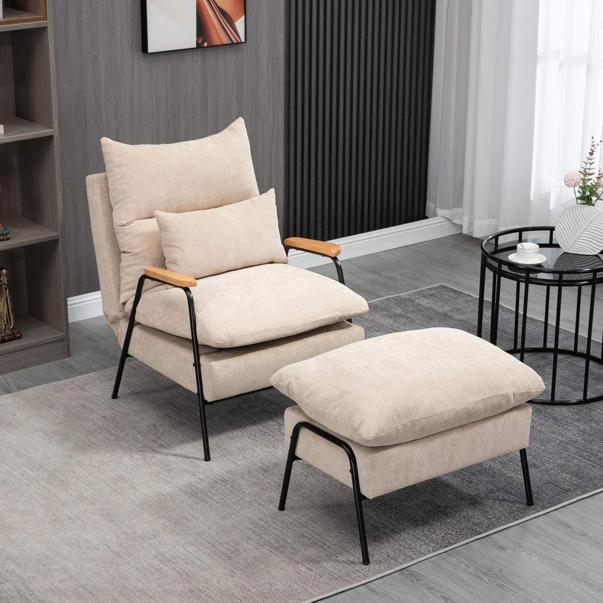 RELAXSESSEL mit Hocker Sessel mit Verstellbar Rückenlehne, Kissen für Wohnzimmer - Beige, Kunststoff (68/88/91.5cm) - HOMCOM