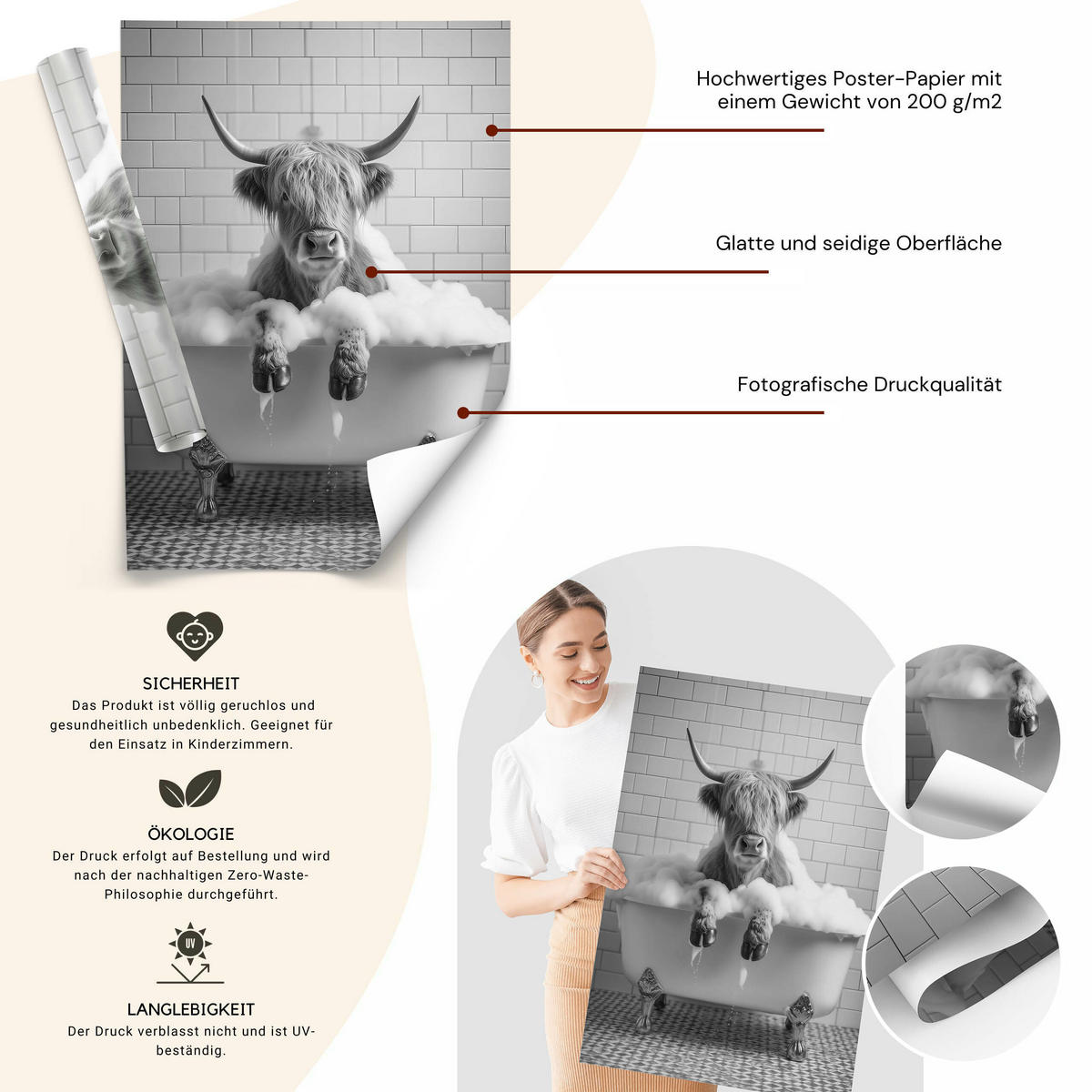 POSTER für WC Badezimmer SCHOTTISCHE KUH in Badewanne Schwarz-Weiß Abstraktion 30x40cm - Schwarz/Weiß, Papier (30/40/40cm) - Muralo