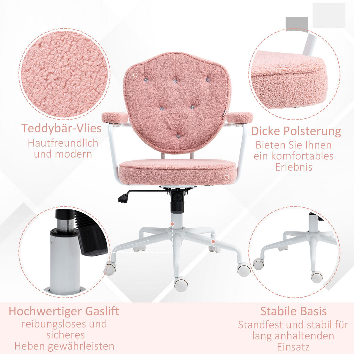 SCHÖNER Bürostuhl mit geknöpftem, weichem Bezug, höhenverstellbar, Rosa - Rosa, Textil (61.5/101/63cm)