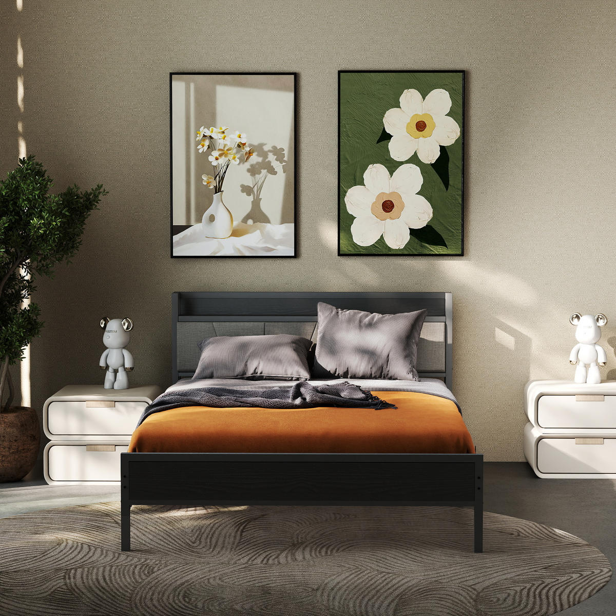 METALLBETT 140/200 cm mit Gepolstertes Kopfteil und USB, ohne Matratze - Schwarz, Holzwerkstoff/Textil (140/200cm) - WISHDOR