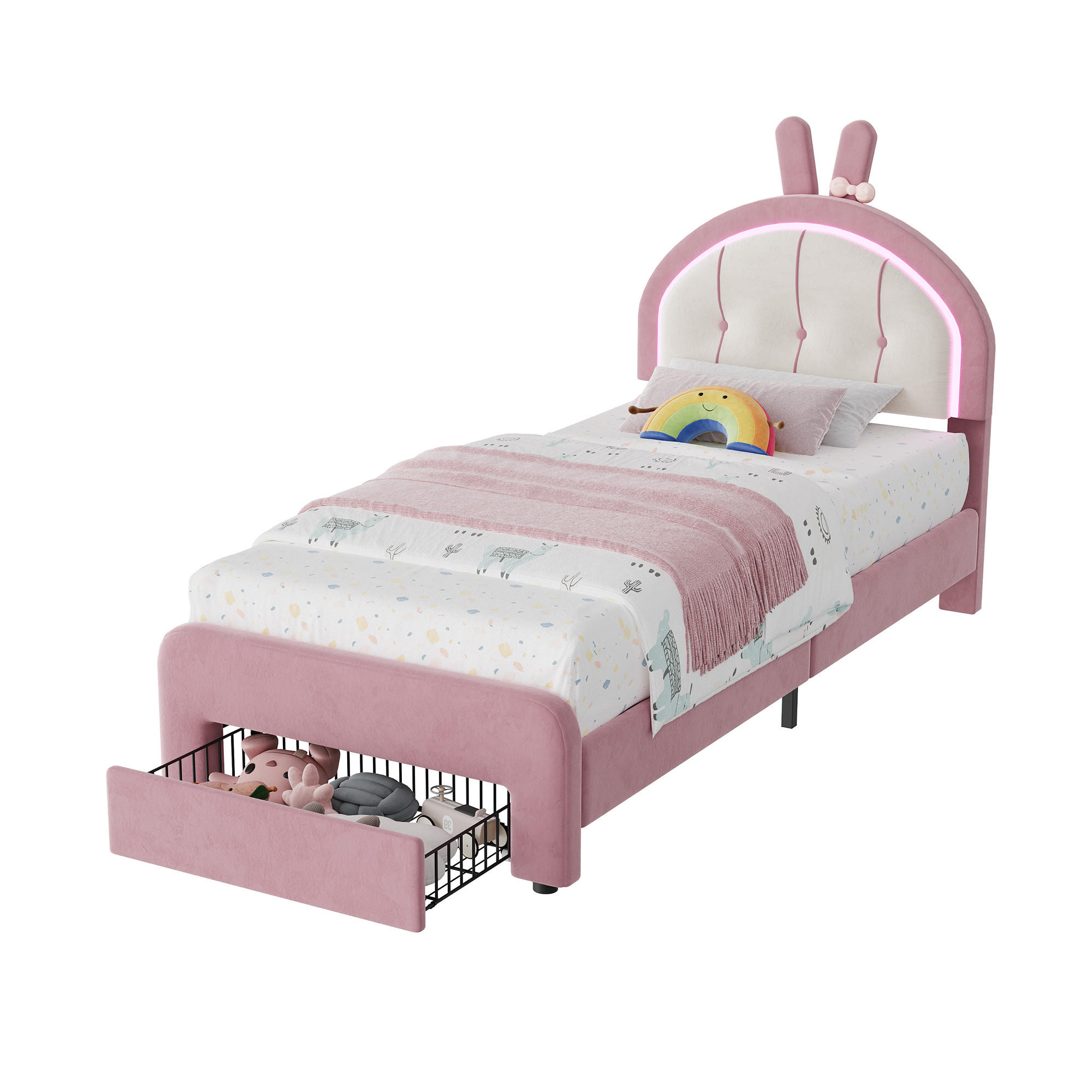 KINDERBETT 90 x 200 cm mit LED Hasenohren Kopfteil,Polsterbett mit Lattenrost, Samtstoff, Mit Schubladen,für Kinder, Mädchen - Pink, Holz/Holzwerkstoff (90/200cm) - BursDany
