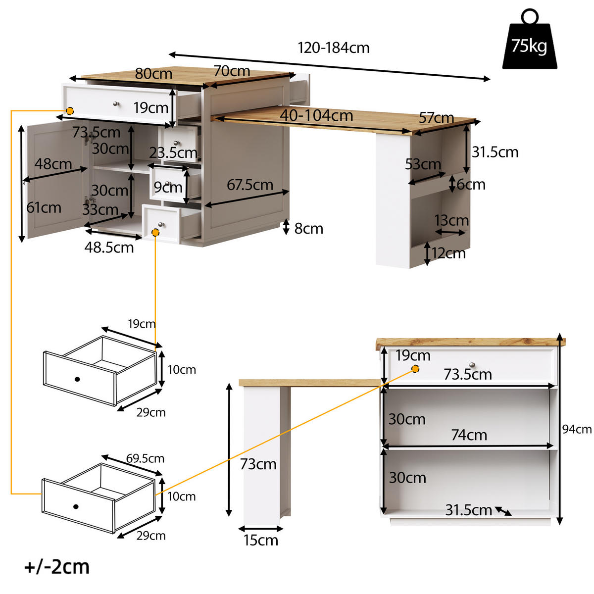 INSULĂ BUCĂTĂRIE 120-184cm Extensibilă Alb - alb, compozit lemnos (182/94/70cm) - FLIEKS