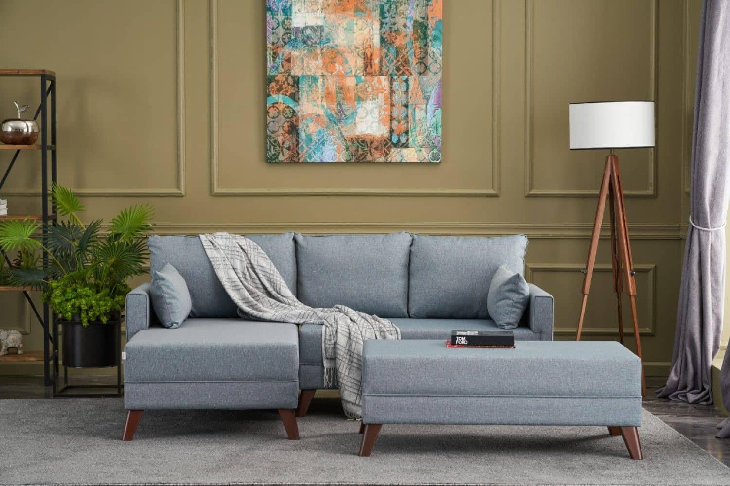 ECKSOFA mit Hocker als Schlaffläche, perfekt für kleine Räume - Blau/Walnussfarben, Holz/Kunststoff (205/140cm) - myHomelando