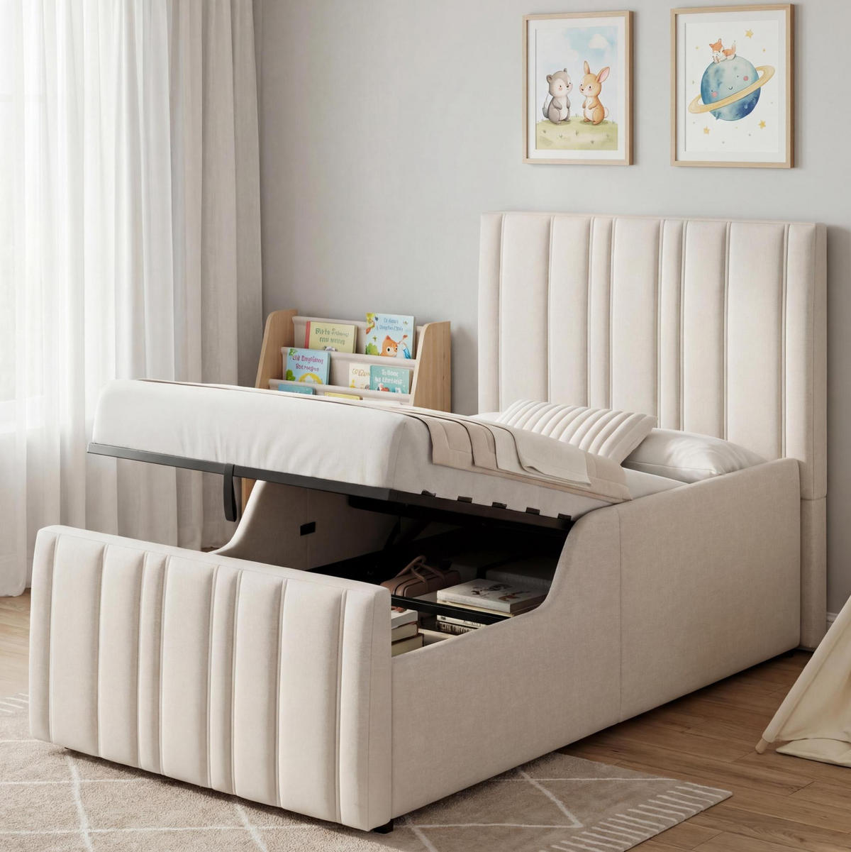POLSTERBETT 90/200 cm Beige aus Leinenstoff mit Bettkasten - Beige, Textil (90/200cm) - OKMYHOME
