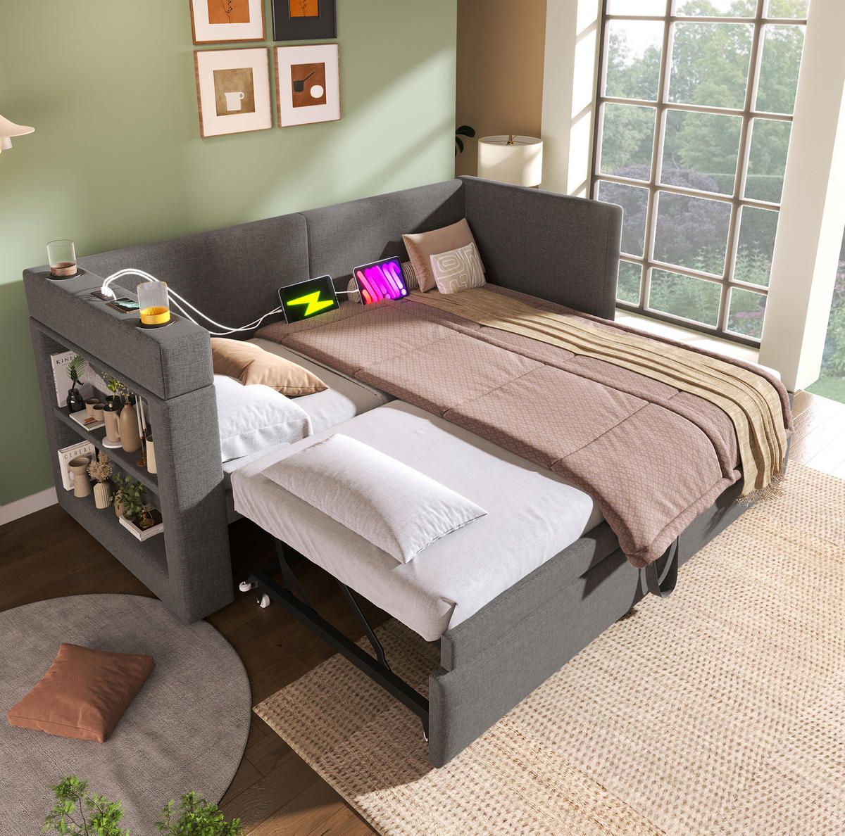 BETT 90/200 cm in Grau mit USB- und Type-C-Anschlüssen, Getränkehaltern - Grau, Textil (90/200cm) - Flora Grace