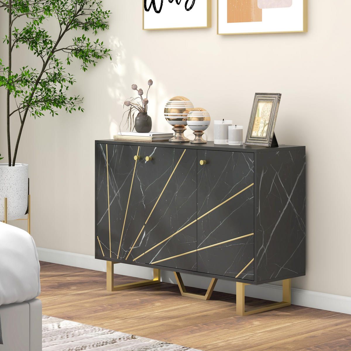 SIDEBOARD DE-11101 2 Schränke, 3 Türen & verstellbare Böden Schwarz - Schwarz, Holzwerkstoff (107/75/35cm) - ComfortXL