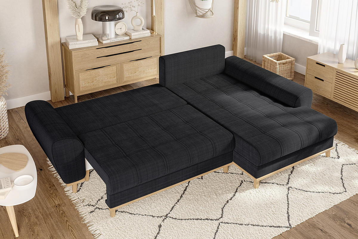 ECKSOFA im Scandi-Stil, Schlaffunktion, Bettkasten B268/T175/H86 cm, Ottomane rechts, Liegefl. 128x209 cm, Bouclé Chenille Stoff in Anthrazit / 21011 - Eichefarben/Anthrazit, Holz/Textil (268/175cm) - luma-home