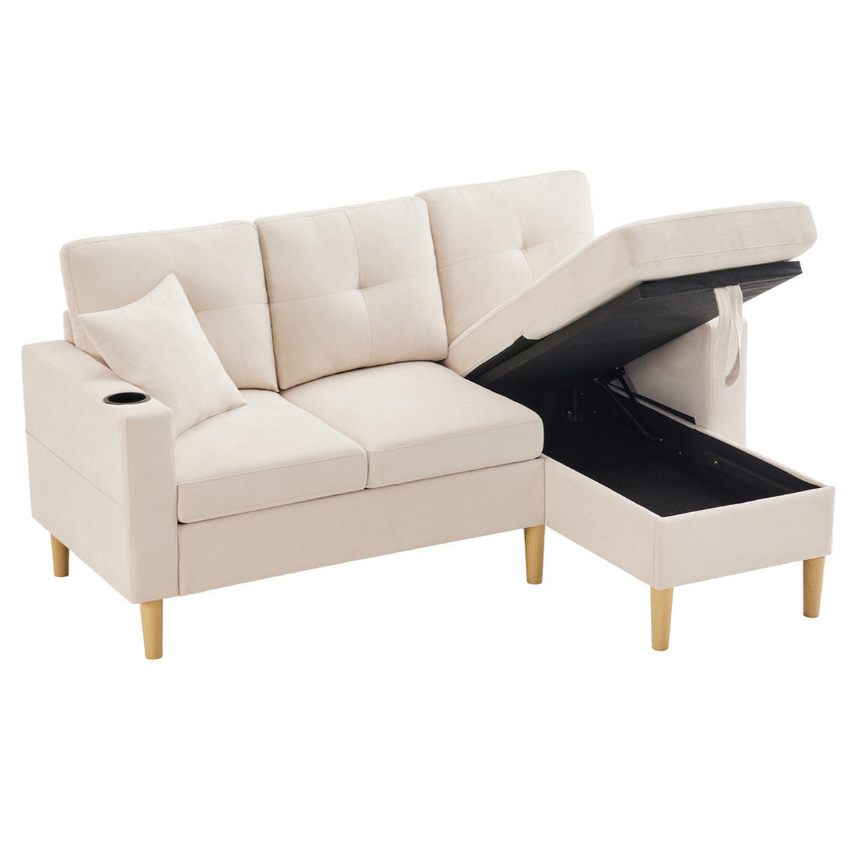 L-SOFA Modell S200 Grau 3-Sitzer mit Stauraum & Chaiselongue - Beige, Holz (129/175cm) - FLIEKS