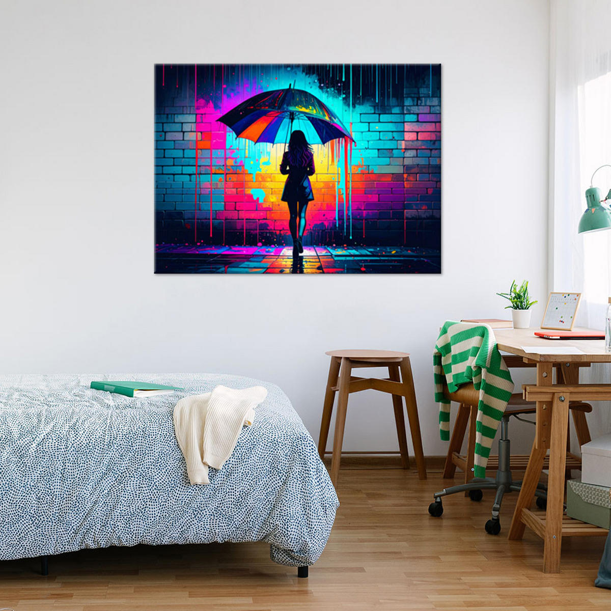 LEINWANDBILD Mädchen mit Regenschirm Graffiti 60x40cm - Multicolor, Textil (60/40cm) - Feeby