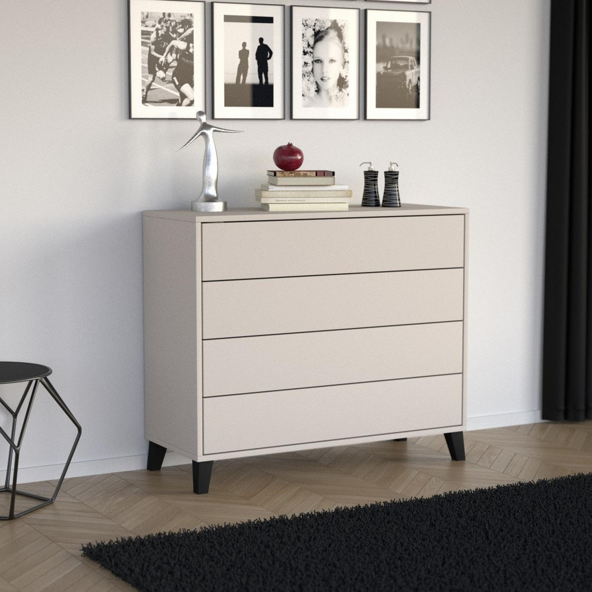 KOMMODE Home mit 4 Schubladen, 100 cm, ohne Griffe, Kaschmir - Kaschmir/Schwarz, Holzwerkstoff (80/85/40cm) - Beautysofa