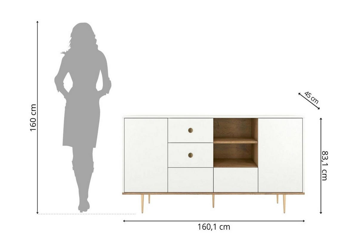 SIDEBOARD Harmoni, Weiß, Eiche, Goldene Details - Goldfarben/Weiß, Holzwerkstoff/Metall (160/83/45cm) - Skandica