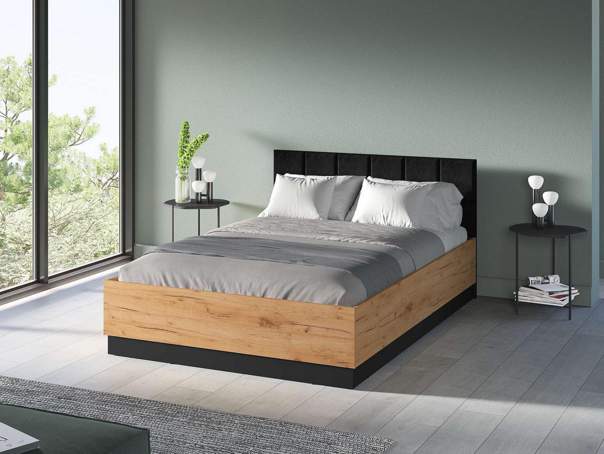 RAHMENBETT – 165 x 208 cm – Urso – BT-004 - Eichefarben/Schwarz, Holzwerkstoff - hi-markt