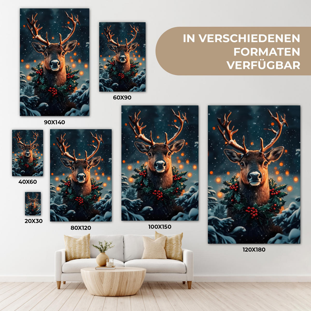 LEINWANDBILD Hirsch - Weihnachten - Winter - Schnee - Weihnachtskranz 90x140 cm - Dunkelbraun, Textil (90/140cm) - MuchoWow