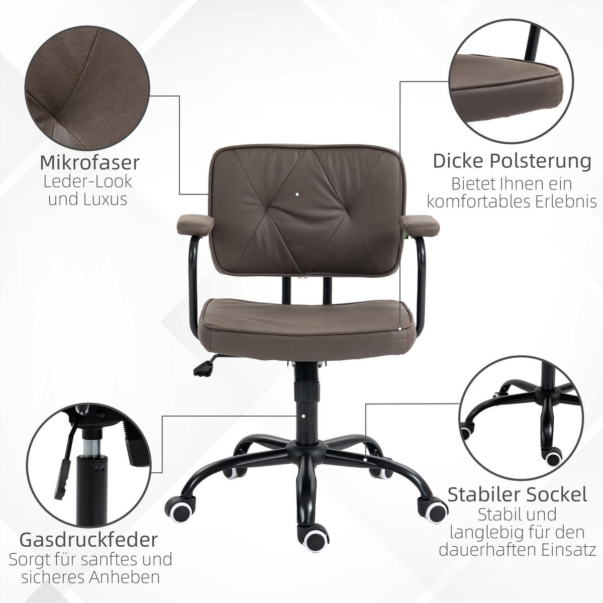 BÜROSTUHL mit Rollen, Drehstuhl, Kaffee - Schwarz, Metall (58/91/61cm) - Vinsetto