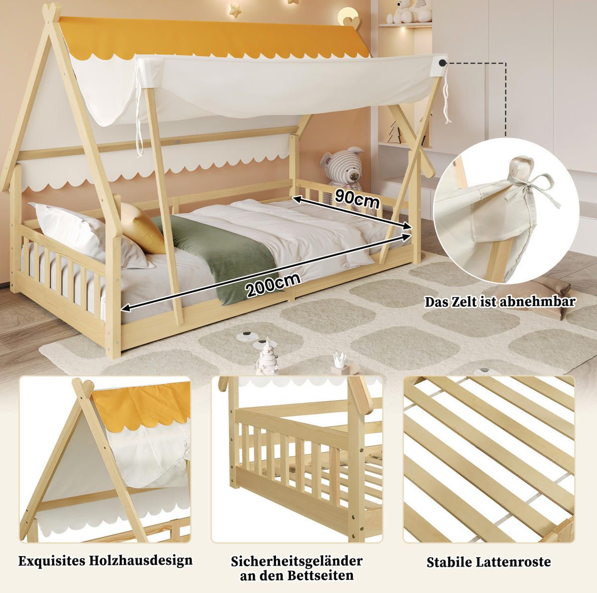 HAUSBETT aus Kiefer und Sperrholz 90x200 cm Weiß/Natur mit abnehmbarem Zelt und Sicherheitsgeländer - Weiß, Holzwerkstoff (90/200cm) - Modfu