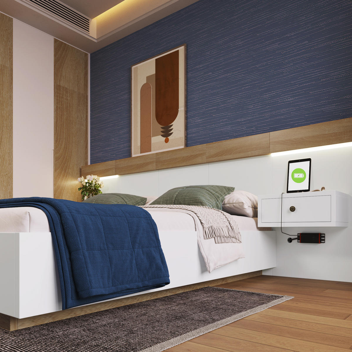 POLSTERBETT aus Holzwerkstoff 180x200 cm in Weiß mit USB/Typ-C & LED-Nachtkommoden - Weiß, Holzwerkstoff (180/200cm) - Modfu