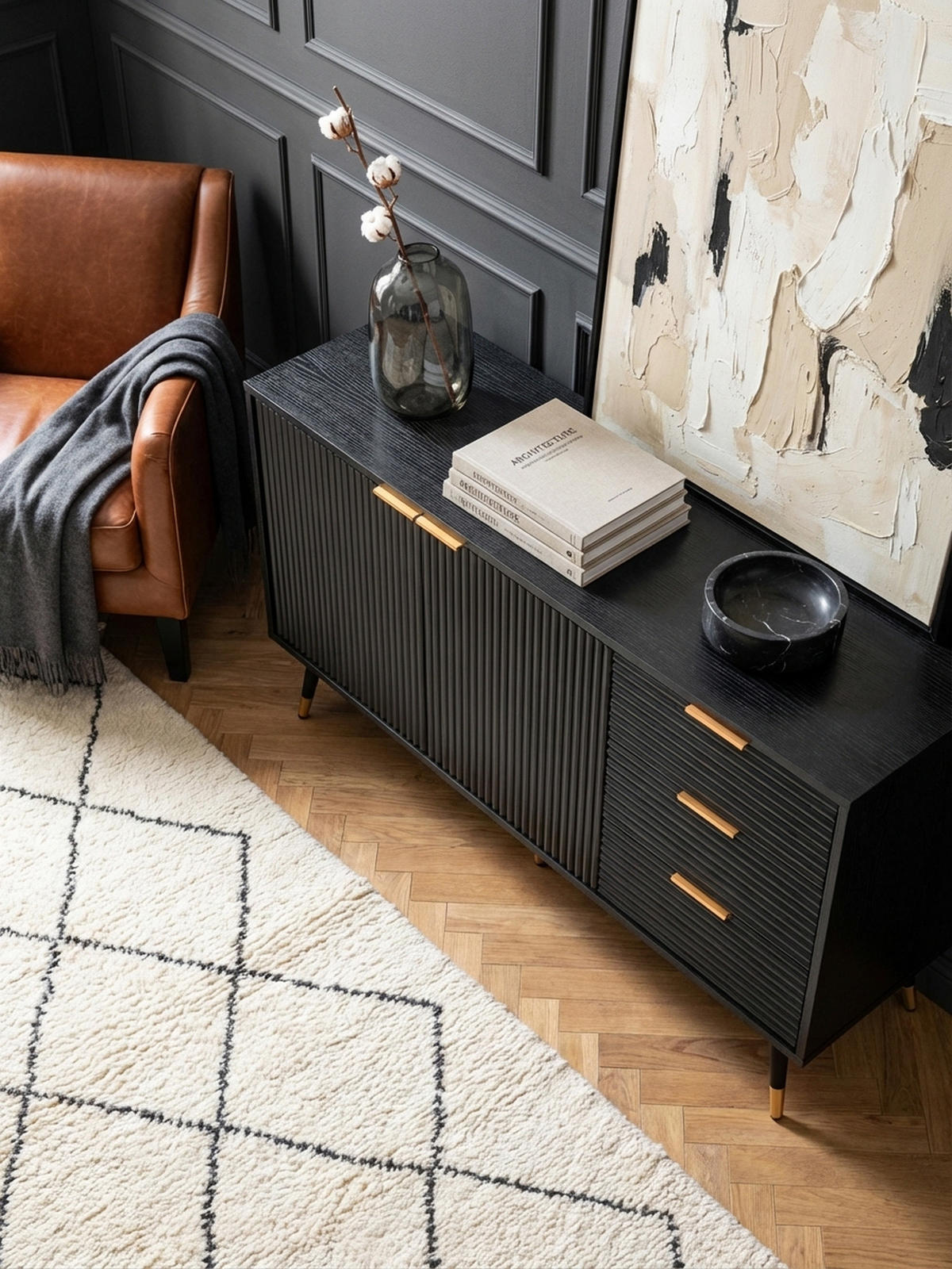 SIDEBOARD – Schwarz/Eiche-Dekor, 120x80x40 cm, mit Türen und Schubladen, Metallbeine - Goldfarben/Schwarz, Holzwerkstoff/Metall (120/80/40cm) - KADIMA DESIGN