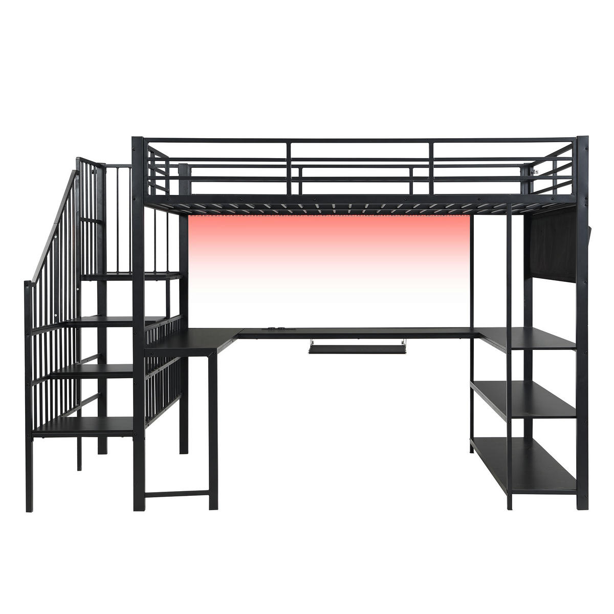 HOCHBETT 120/200 cm mit Schreibtisch und LED, DE-41757, in Schwarz - Schwarz, Metall (120/200cm) - ComfortXL