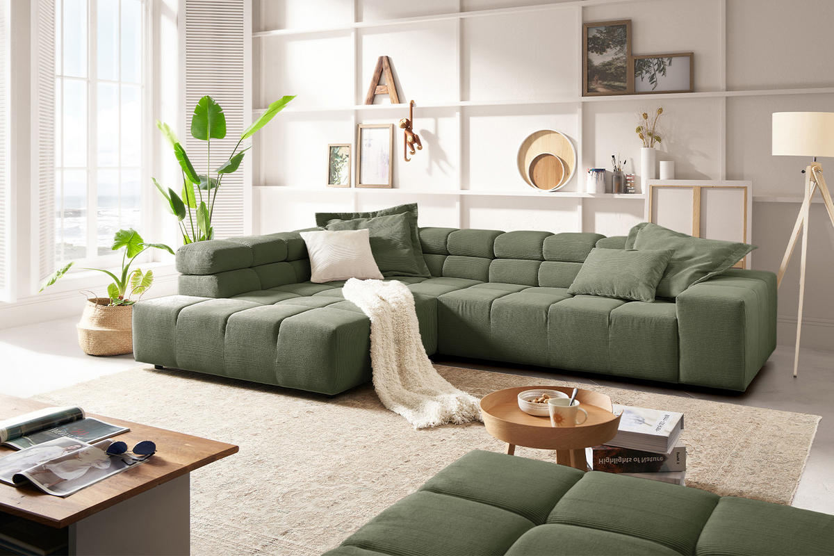 ECKSOFA MIT MOTORISCHEM SITZVORZUG NEVADA Dunkelgrün Cord - Dunkelgrün/Schwarz, Kunststoff/Textil (319/215cm) - KAWOLA