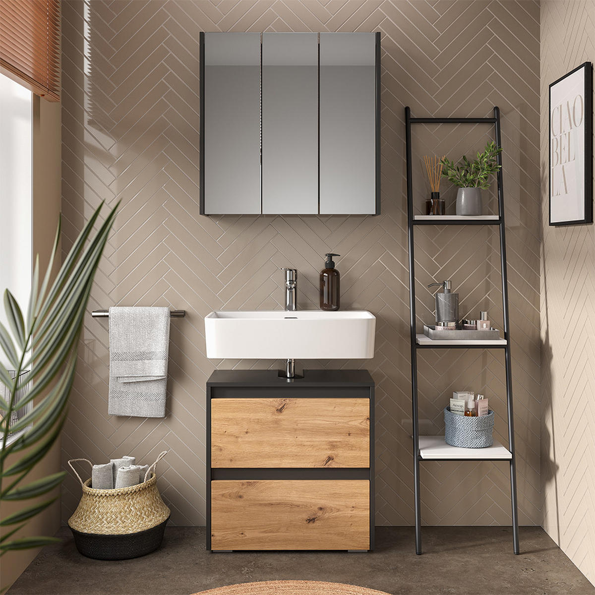 BADSCHRANK Majest Anthrazit/Artisan 30.2 x 191.5 cm mit 2 Türen - Anthrazit/Hellgrau, Holzwerkstoff (30.2/191.5/30cm) - Vicco