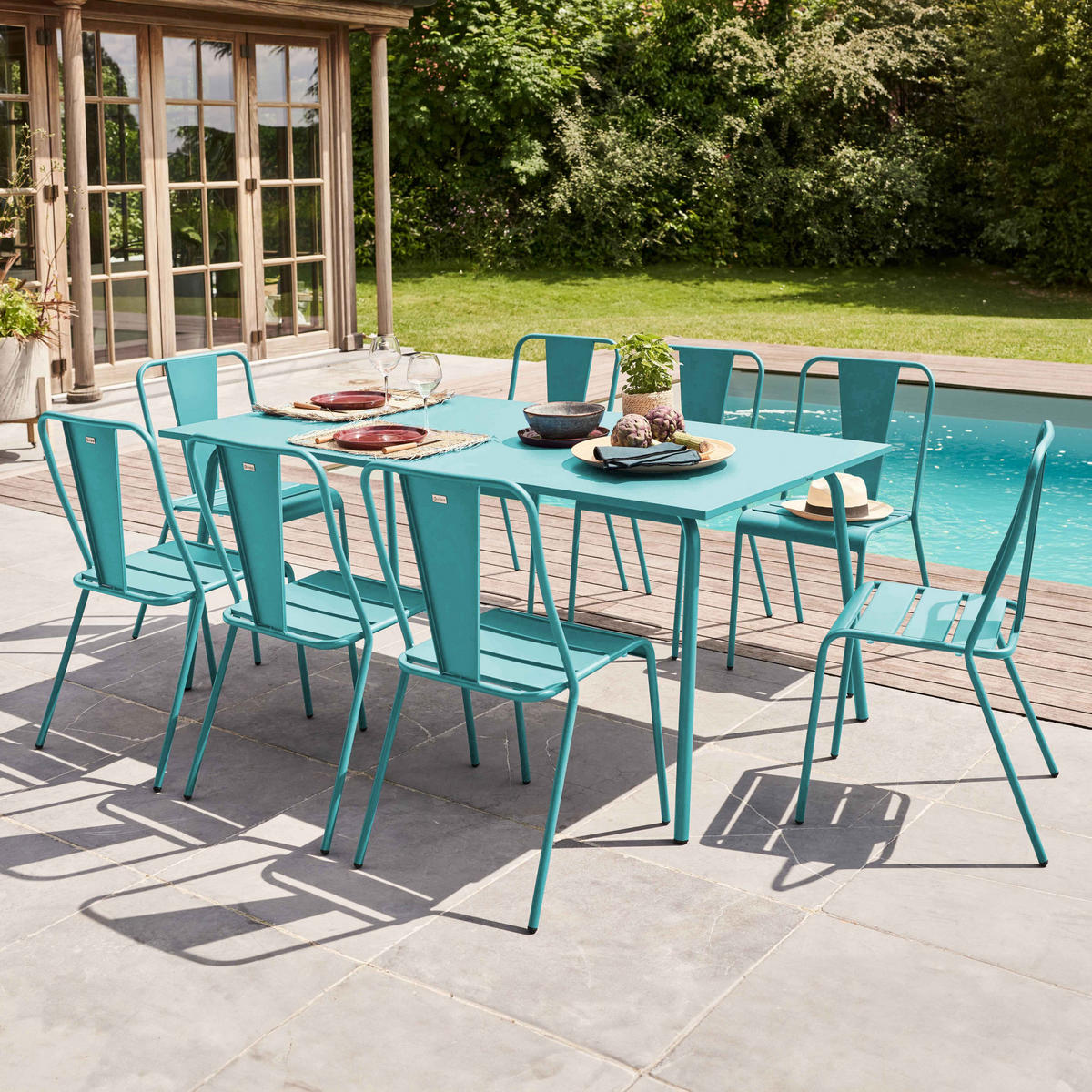 GARTENTISCH , Türkisblau - Hellblau, Metall (180/90/72cm) - Oviala