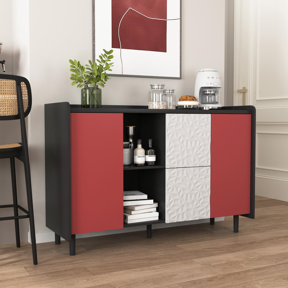 SIDEBOARD 40/120/80 cm schwarz/rot aus MDF mit 2 Schubladen - Schwarz, Holzwerkstoff (120/80/40cm) - OKWISH