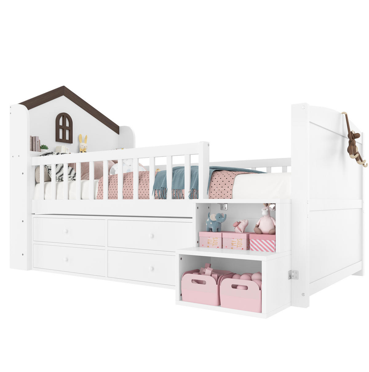 KINDERBETT 90/200 cm in Hausform mit LED, Stauraumleiter und 4 Schubladen - Weiß, Holz (90/200cm) - BEAOK
