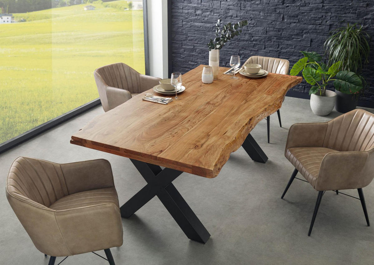 BAUMTISCH Akazie 220x100x77 Akazie natur lackiert / X-Beine anthrazit matt FREEFORM 5 - Naturfarben, Holz (220/100/77cm) - Massivmoebel24
