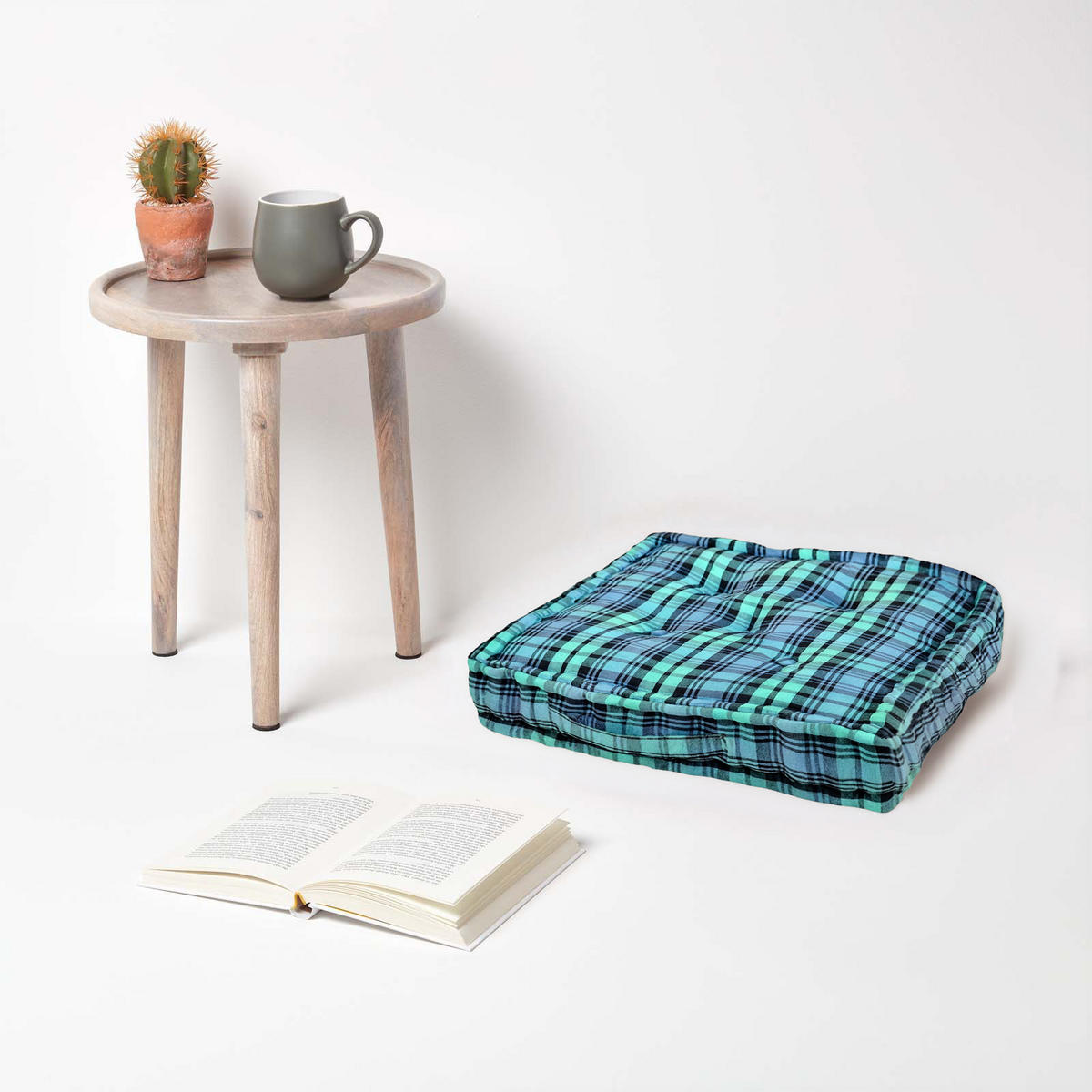 SITZKISSEN Karo blau-grün 50/50/10 cm - Blau, Textil (50/50/10cm) - Homescapes