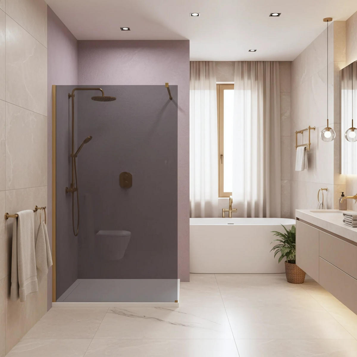 DUSCHWAND Rea Flexi Grey / Brush Gold 90 - Goldfarben, Glas (120/90/195cm) - REA