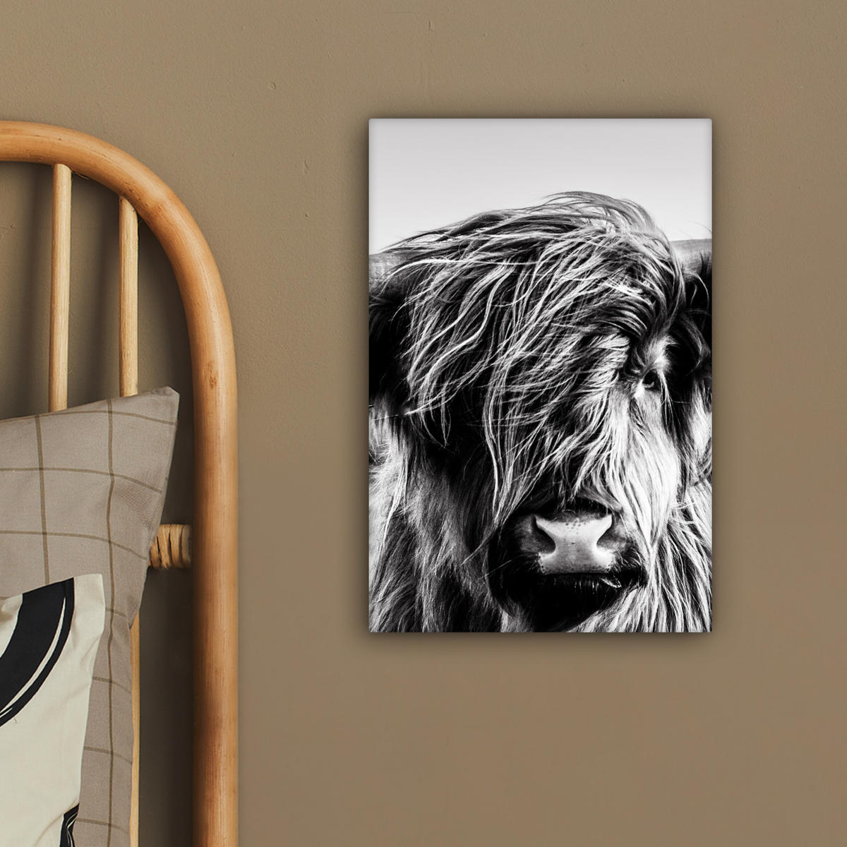 LEINWANDBILD Kuh - Schottischer Hochländer - Schwarz - Weiß - Tier - Natur - Wildtiere 20x30 cm - Schwarz, Textil (20/30cm) - MuchoWow