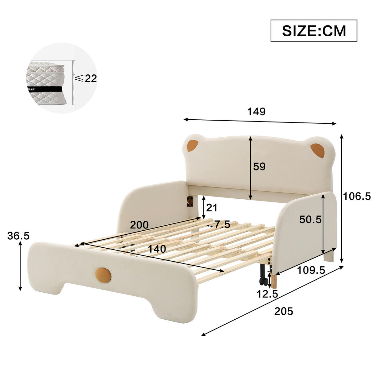 POLSTERBETT 140/200 cm aus Samt mit Bärenform und Ausziehbett Beige - Beige, Textil (140/200cm) - Modenvie