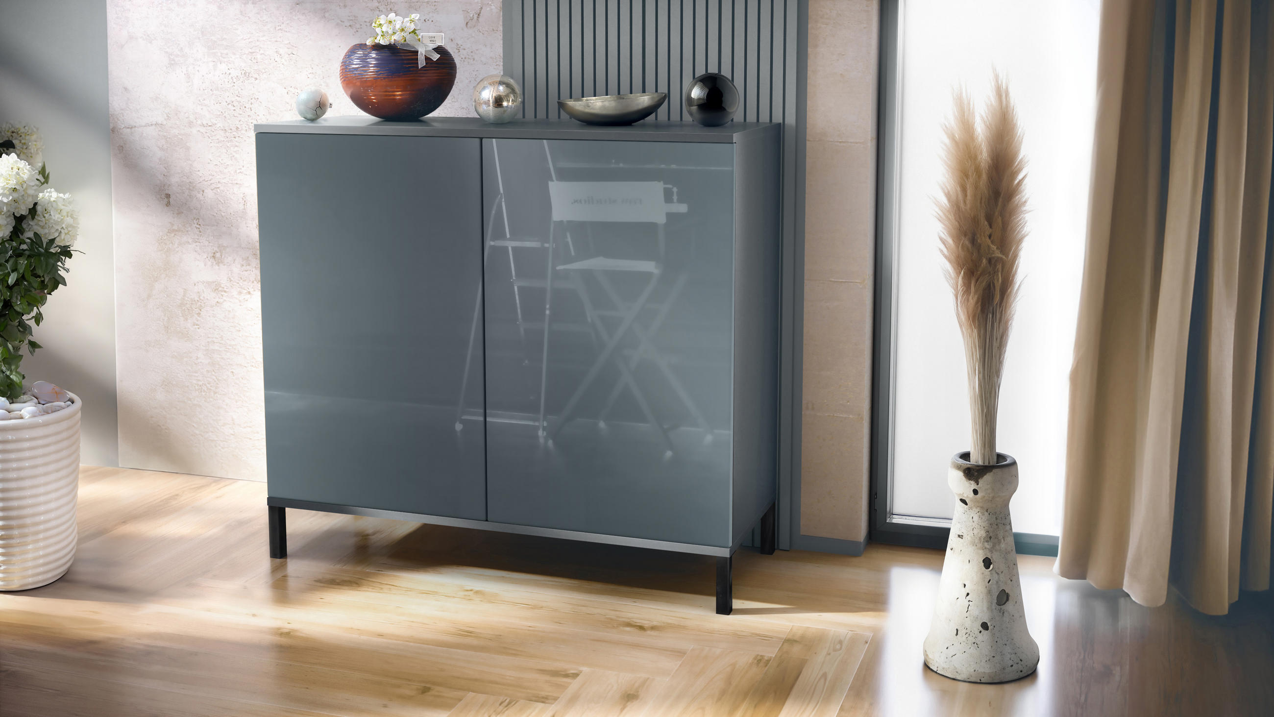 KOMMODE Skadu Grau Hochglanz - Grau, Holzwerkstoff (92.5/83.5/35cm) - Vladon