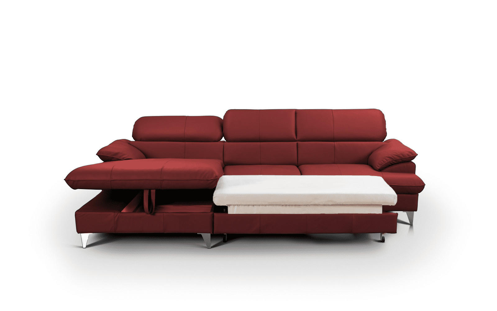 ECKSOFA mit Schlaffunktion und Bettkasten, Echtleder - Chromfarben/Rot, Leder/Holz (254/167cm) - Cotta