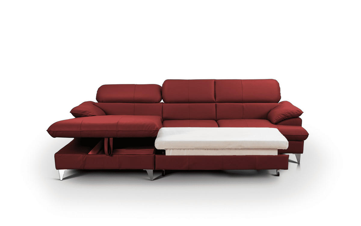 ECKSOFA mit Schlaffunktion und Bettkasten, Echtleder - Chromfarben/Rot, Leder/Holz (254/167cm) - Cotta
