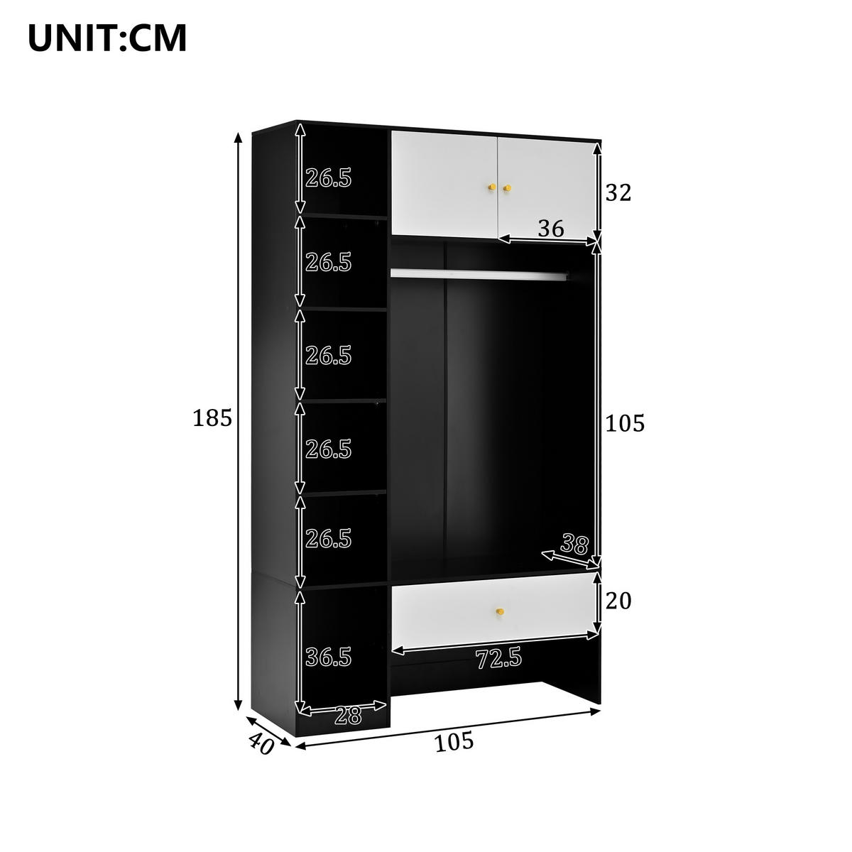 GARDEROBENSET Kompakt Schwarz Weiß 105x40x185cm - Multicolor, Holzwerkstoff (40/185/105cm) - FLIEKS