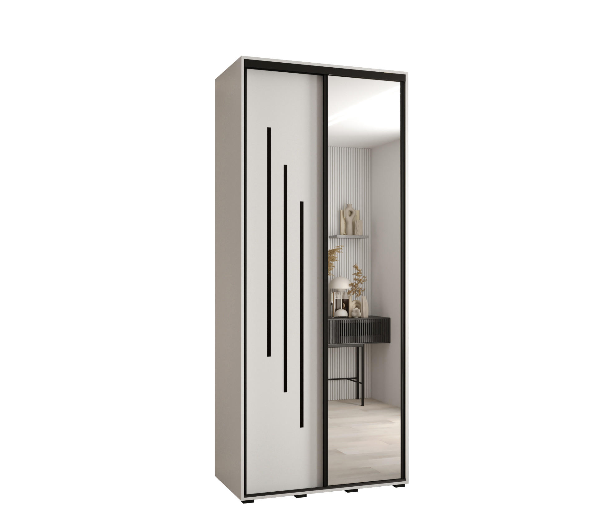 Abiks Möbel Schwebetürenschrank Weiß, Weiß, Schwarz 110x235x45 cm