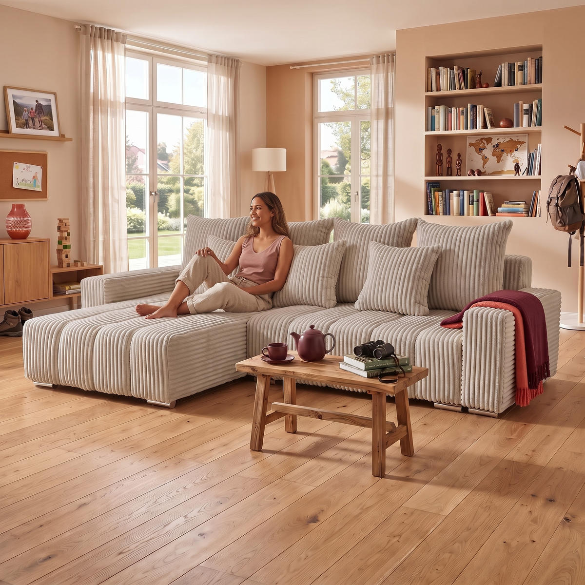ECKSOFA PIANO L Links mit Schlaffunktion 137x234 Cord Beige - Beige/Silberfarben, Holz/Textil (278/178cm) - Muffo